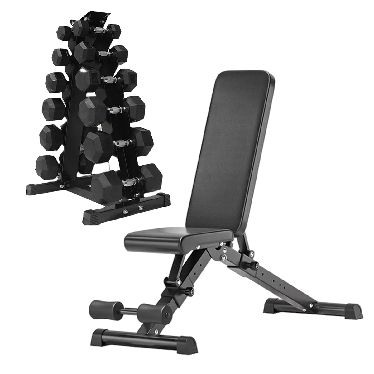 Hex Dumbbells 6 Tier Rack with or without Weights & Bench – Vertical Dumbbell Storage Stand for Home Gym (2.5kg–30kg)