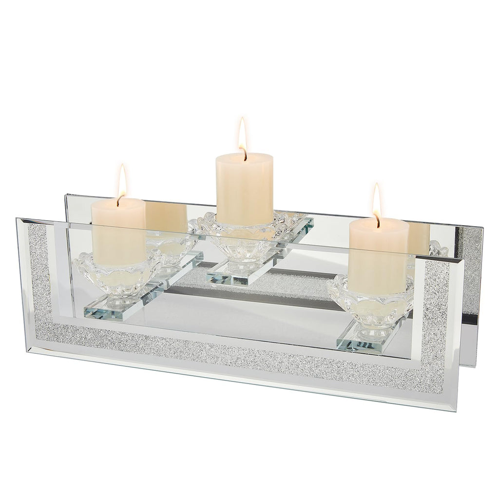 London Boutique Mirrored Candle Holder for 3 Candles – Sparkling Silver Frame with K9 Crystal Holders, Luxury Glass Tea Light & Votive Display Stand, Home Décor & Gift Idea (Flower Cups)