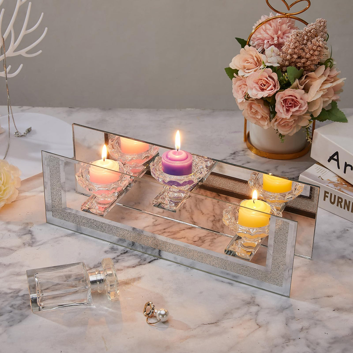 London Boutique Mirrored Candle Holder for 3 Candles – Sparkling Silver Frame with K9 Crystal Holders, Luxury Glass Tea Light & Votive Display Stand, Home Décor & Gift Idea (Flower Cups)