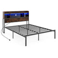 Double/King Size Bed Frame with LED Lights and Charging Station-Rustic Brown-King Size