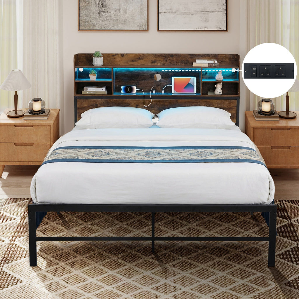 Double/King Size Bed Frame with LED Lights and Charging Station-Rustic Brown-King Size