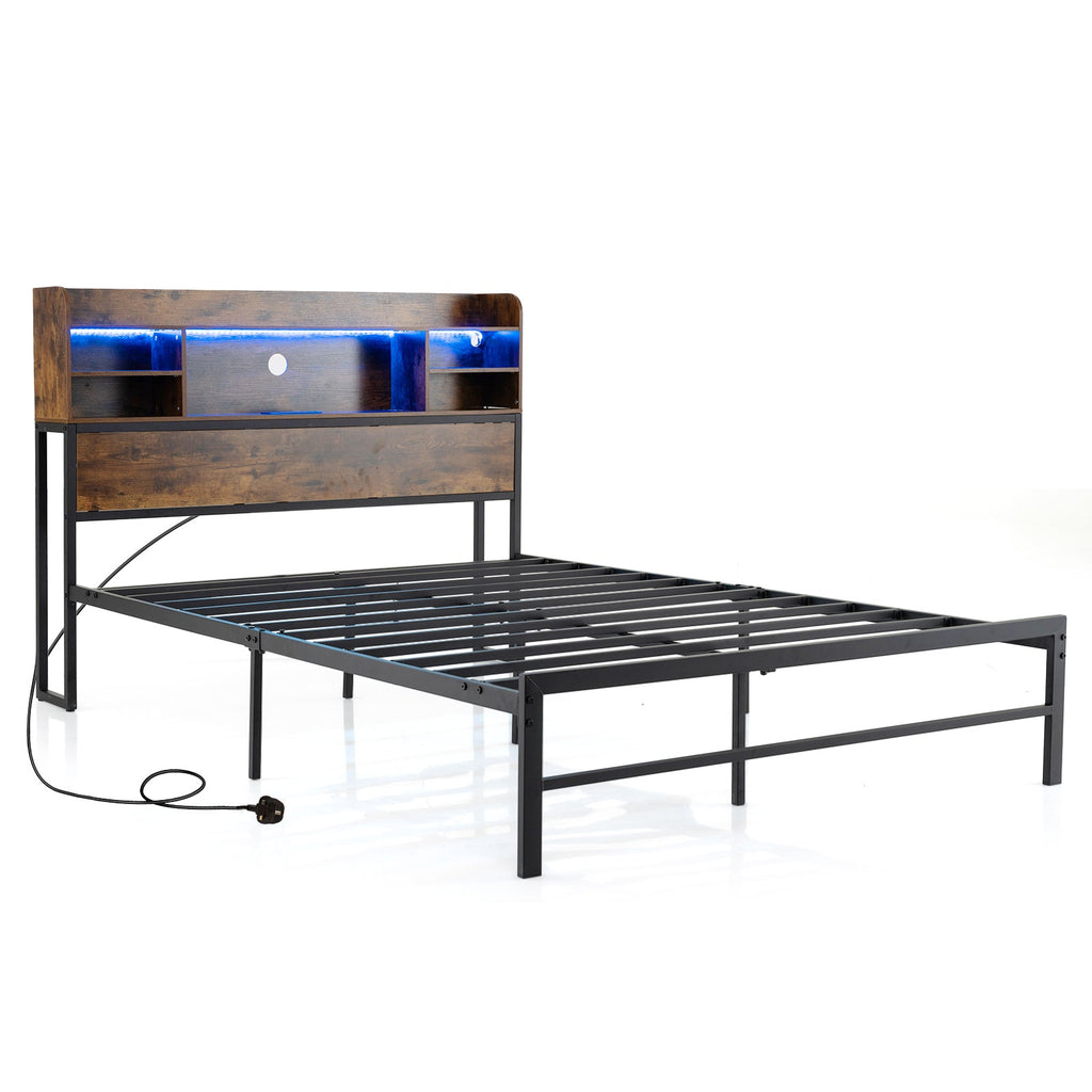 Double/King Size Bed Frame with LED Lights and Charging Station-Rustic Brown-King Size