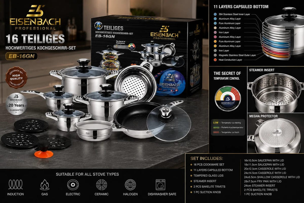16 Piece Stainless Steel Cookware Set Pots and Pans Set with Lids Gas Electric Induction Hob Compatible