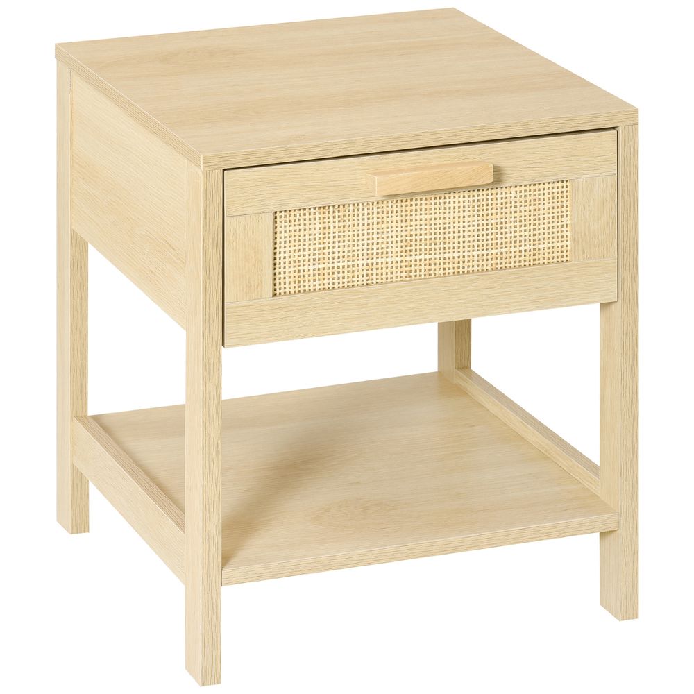 Bedside Table Nightstand W/ Rattan Drawer Storage Shelf Bedroom Living Room